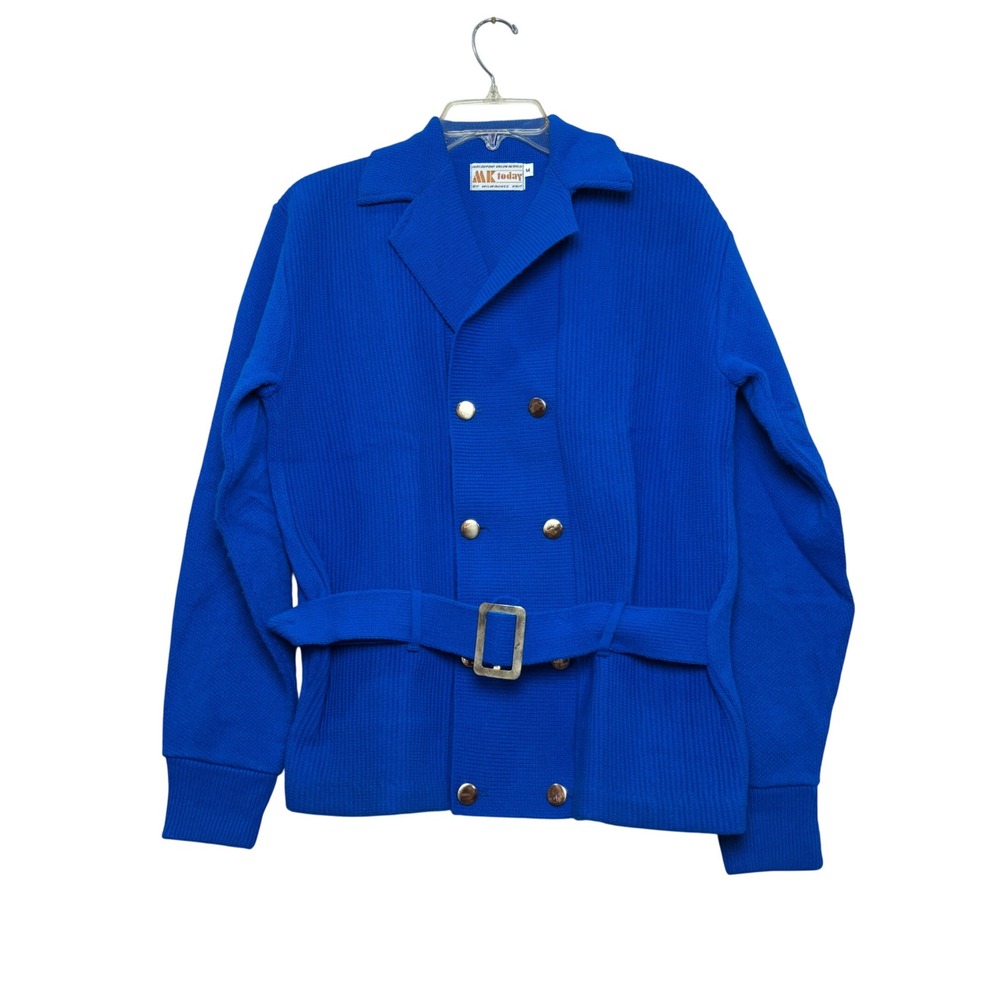 Vintageโ 70s Cardigan Women Medium Blue Double Breasted Belted Orlon Preppy Mod